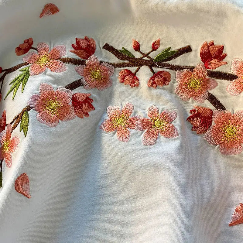 Japanese Cherry Blossoms Embroidery Tee-Enchanted peach