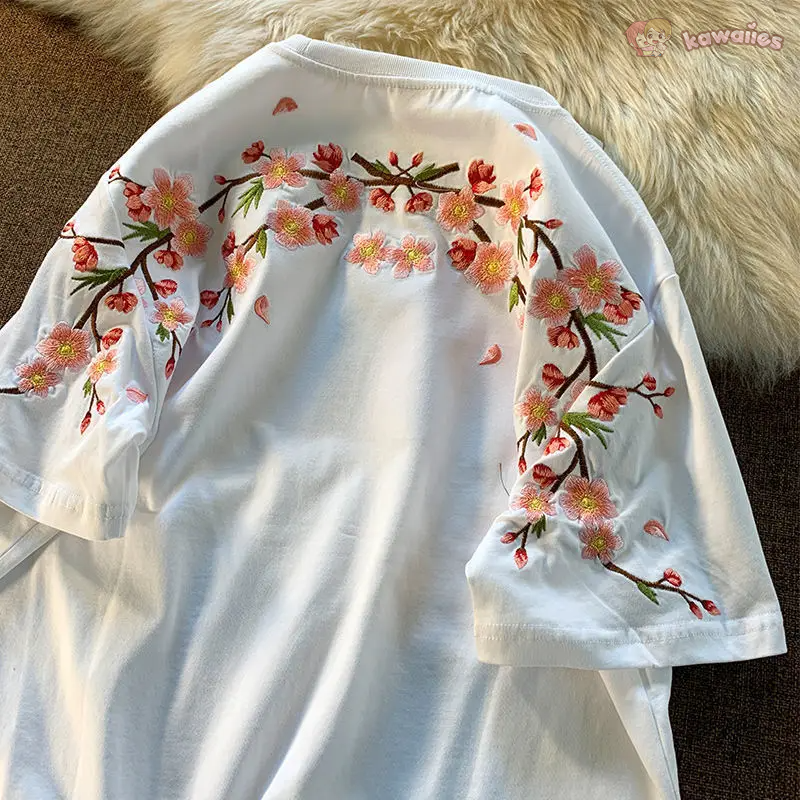 Japanese Cherry Blossoms Embroidery Tee-Enchanted peach