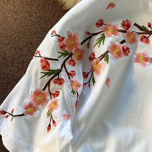 Japanese Cherry Blossoms Embroidery Tee-Enchanted peach