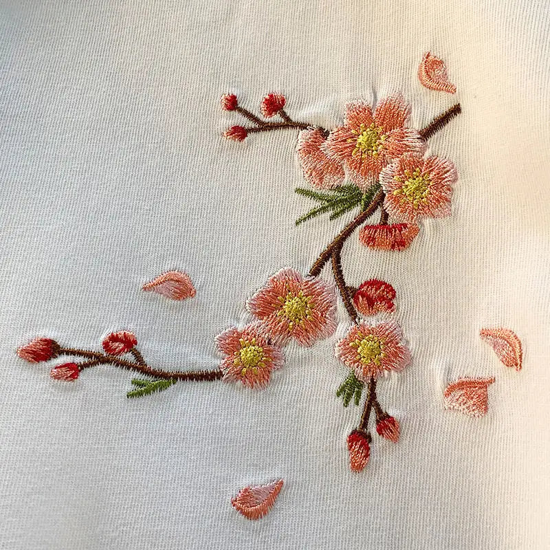 Japanese Cherry Blossoms Embroidery Tee-Enchanted peach