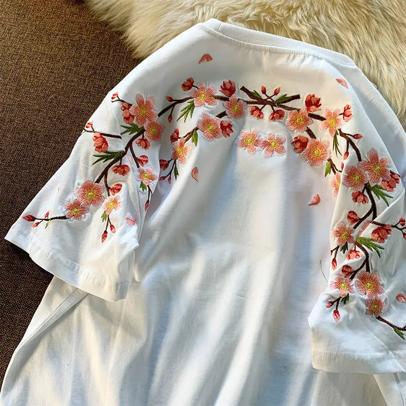 Japanese Cherry Blossoms Embroidery Tee-Enchanted peach