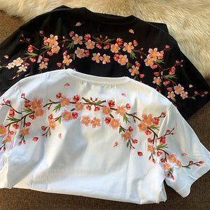 Japanese Cherry Blossoms Embroidery Tee-Enchanted peach