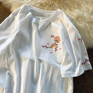 Japanese Cherry Blossoms Embroidery Tee-Enchanted peach