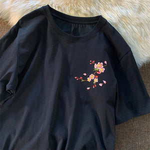 Japanese Cherry Blossoms Embroidery Tee-Enchanted peach