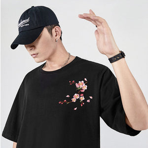 Japanese Cherry Blossoms Embroidery Tee-Enchanted peach