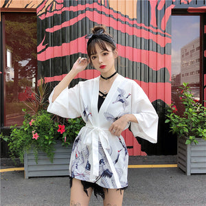 Japanese Classic Crane Design Kimono-Enchanted peach