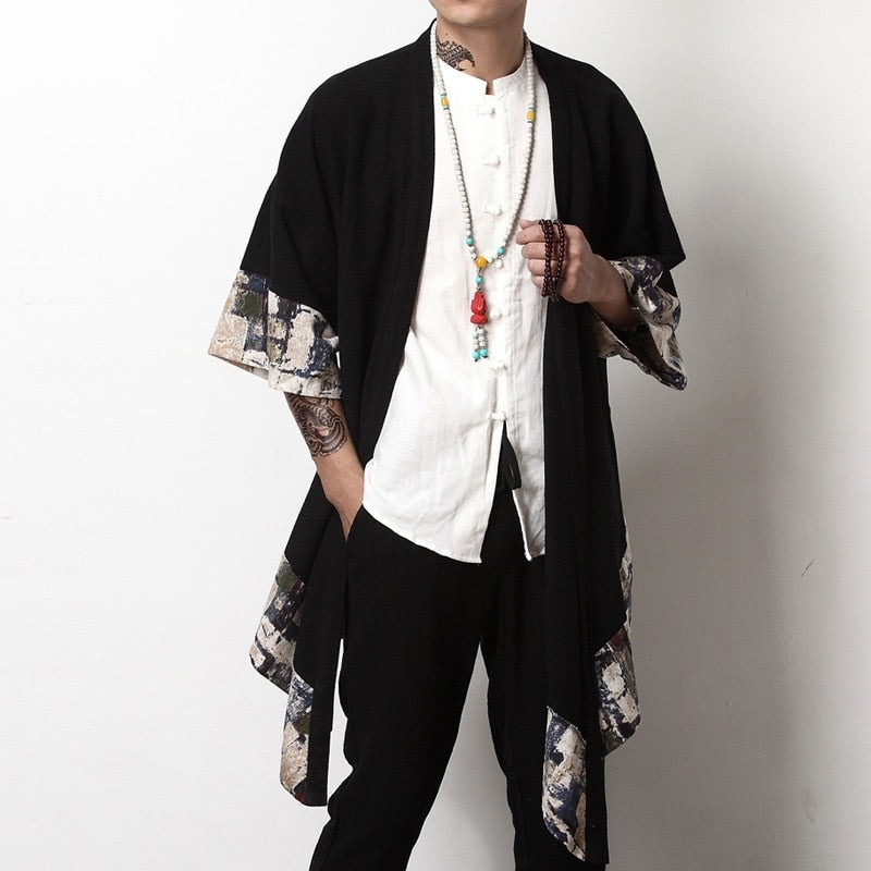 Japanese Collage Paint Black Men's Yukata Kimono Jacket-Enchanted peach