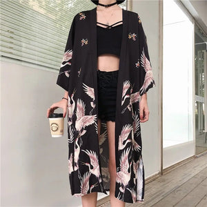 Japanese Crane Print Long Kimono-Enchanted peach