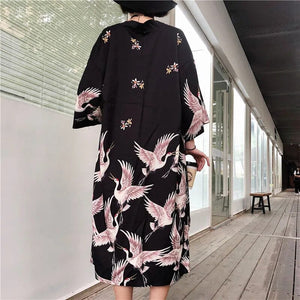 Japanese Crane Print Long Kimono-Enchanted peach