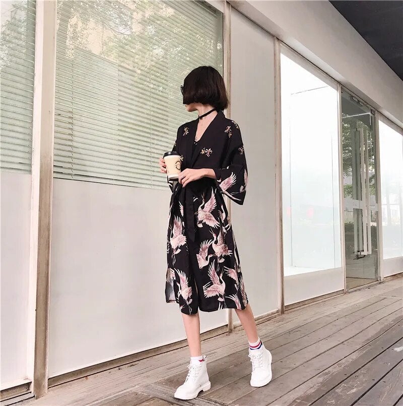 Japanese Crane Print Long Kimono-Enchanted peach