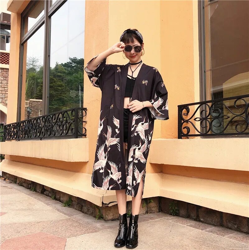 Japanese Crane Print Long Kimono-Enchanted peach