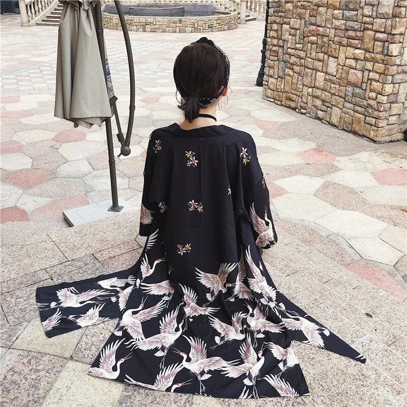 Japanese Crane Print Long Kimono-Enchanted peach