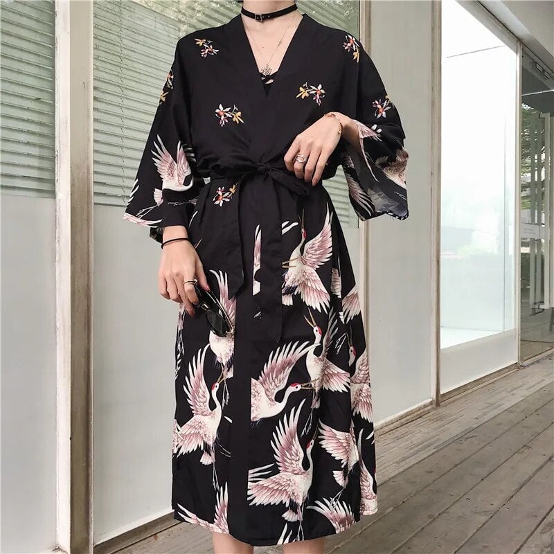 Japanese Crane Print Long Kimono-Enchanted peach