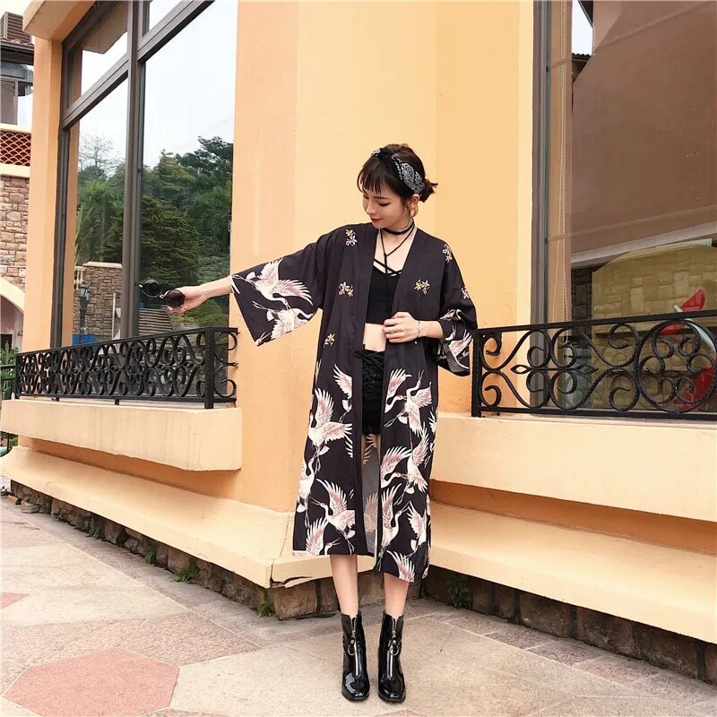 Japanese Crane Print Long Kimono-Enchanted peach