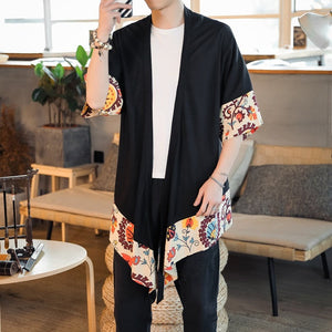 Japanese Cream Floral Black Men's Haori Yukata Kimono Jacket-Enchanted peach