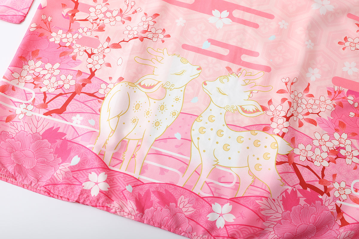 Japanese Deer of Nara with Sakura Trees Kimono-Enchanted peach