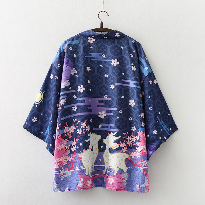 Japanese Deer of Nara with Sakura Trees Kimono-Enchanted peach