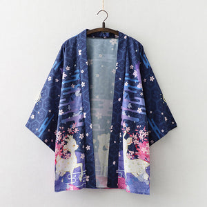 Japanese Deer of Nara with Sakura Trees Kimono-Enchanted peach