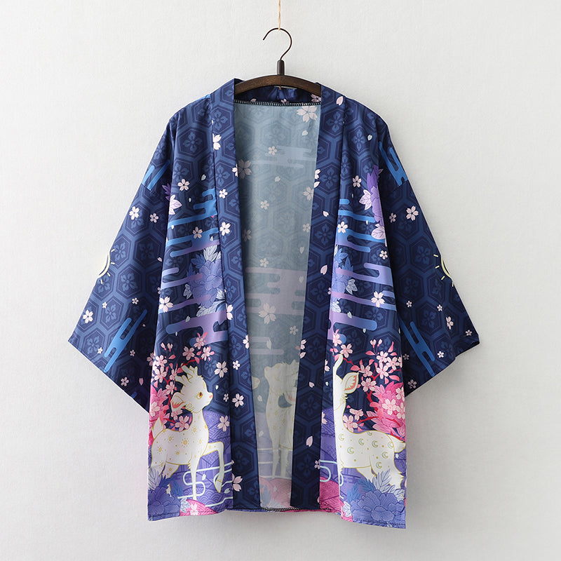 Japanese Deer of Nara with Sakura Trees Kimono-Enchanted peach