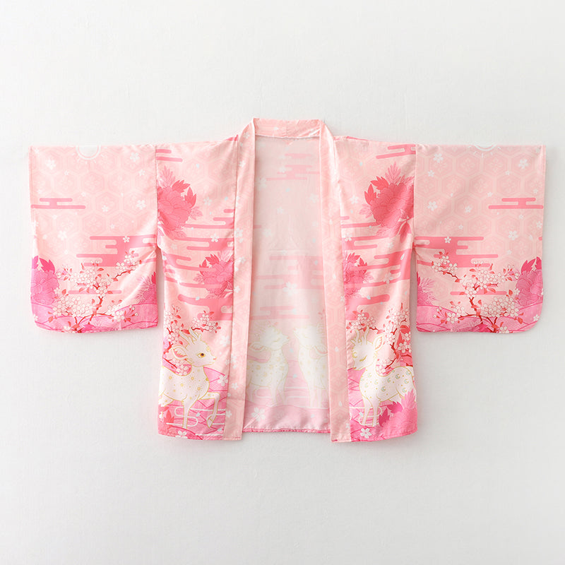 Japanese Deer of Nara with Sakura Trees Kimono-Enchanted peach