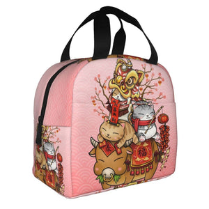 Japanese Fortune Cat Lunch Bag Set-Enchanted peach