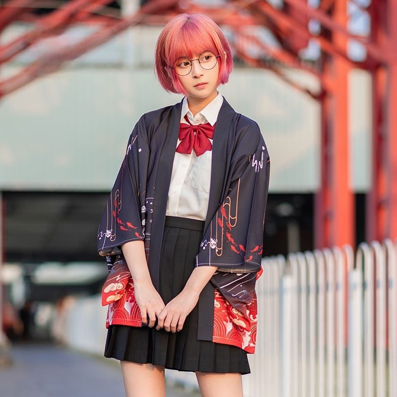 Japanese Great Koi of Torii Gate Women's Kimono Cardigan-Enchanted peach