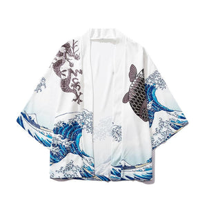 Japanese Great Wave off Kanagawa Dragons Kois Kimono-Enchanted peach