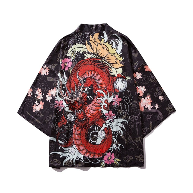 Japanese Great Wave off Kanagawa Dragons Kois Kimono-Enchanted peach