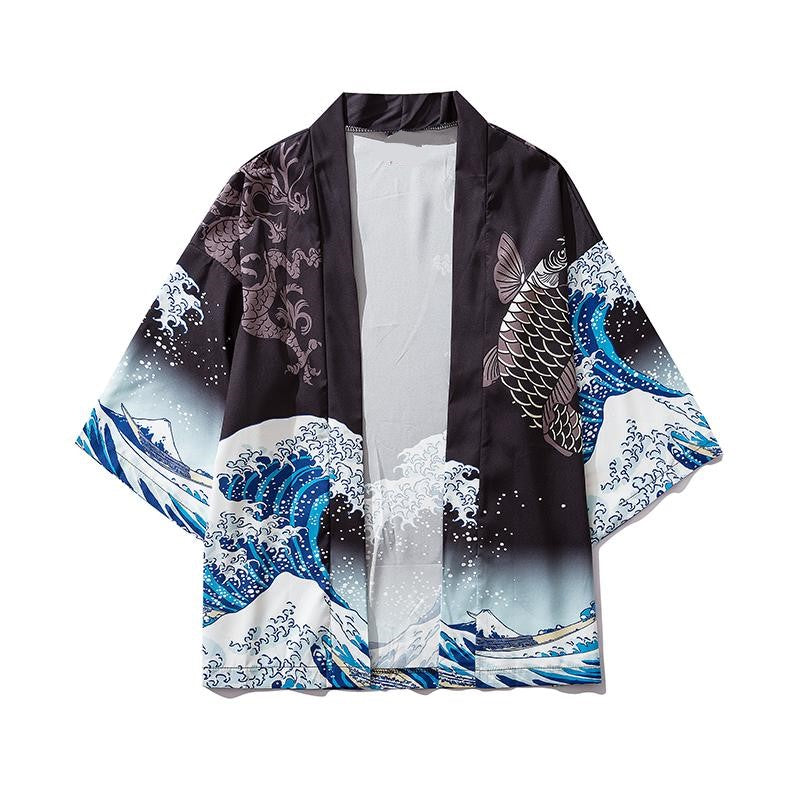 Japanese Great Wave off Kanagawa Dragons Kois Kimono-Enchanted peach