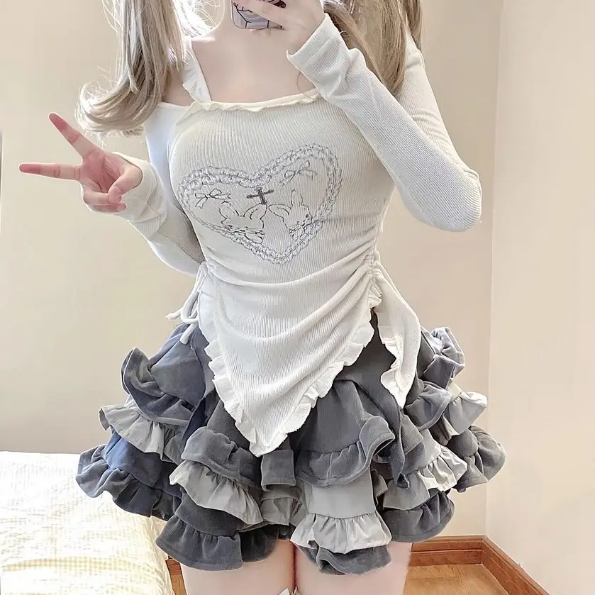 Japanese Harajuku Gray White Bunny Ruffled Skirt Top-Enchanted peach