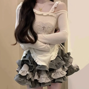 Japanese Harajuku Gray White Bunny Ruffled Skirt Top-Enchanted peach