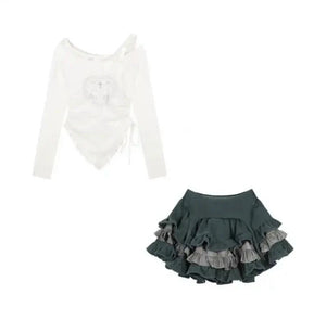 Japanese Harajuku Gray White Bunny Ruffled Skirt Top-Enchanted peach