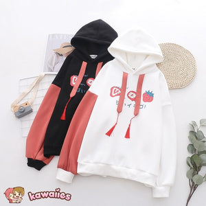 Japanese Kanji Strawberry Print White Black Unisex Hoodies-Enchanted peach