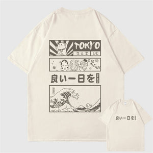 Japanese Kanji Wave Masks Lucky Cat Cotton Tee Set 1-Enchanted peach