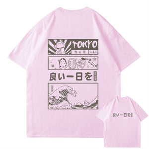 Japanese Kanji Wave Masks Lucky Cat Cotton Tee Set 2-Enchanted peach