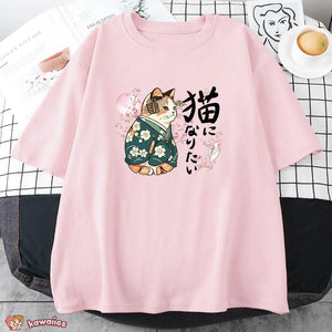 Japanese Kimono Cat Sakura Kanji Unisex Tee-Enchanted peach