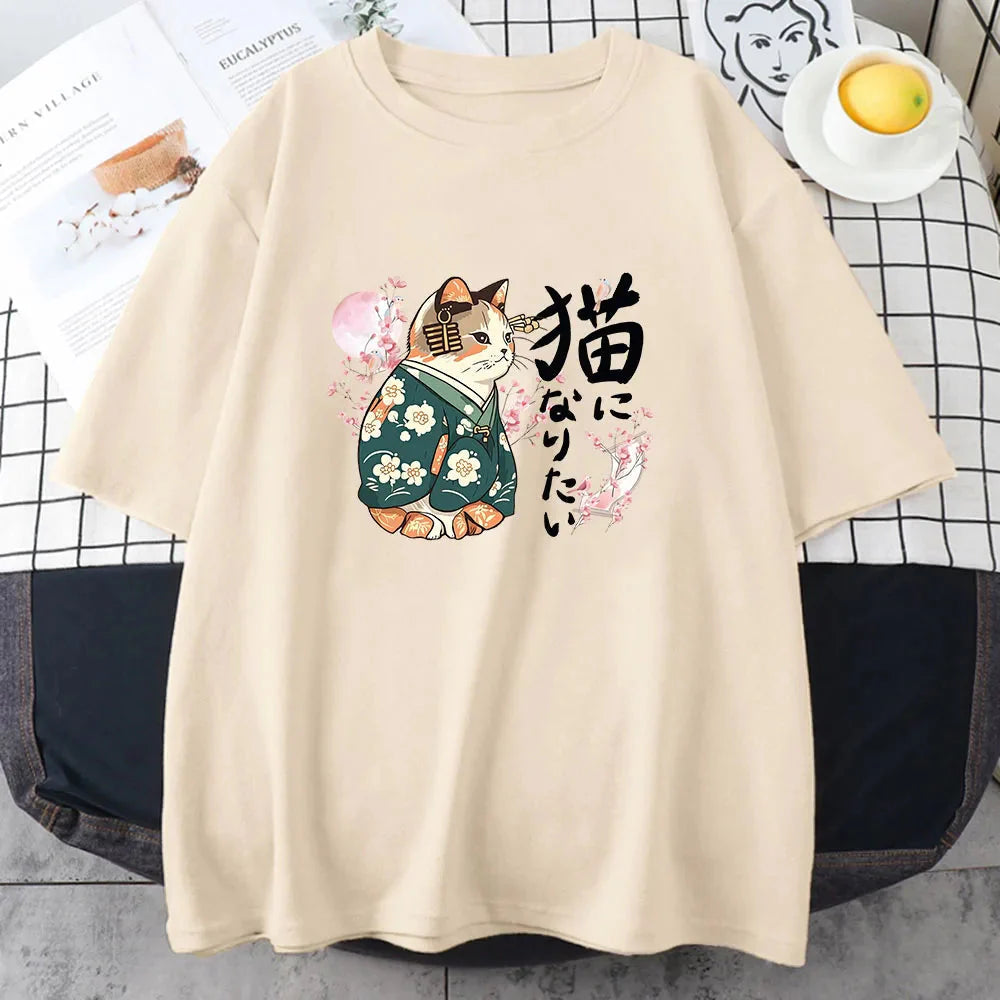 Japanese Kimono Cat Sakura Kanji Unisex Tee-Enchanted peach