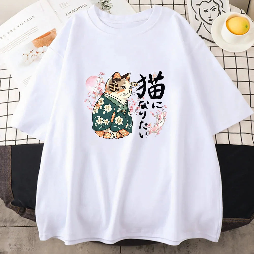 Japanese Kimono Cat Sakura Kanji Unisex Tee-Enchanted peach