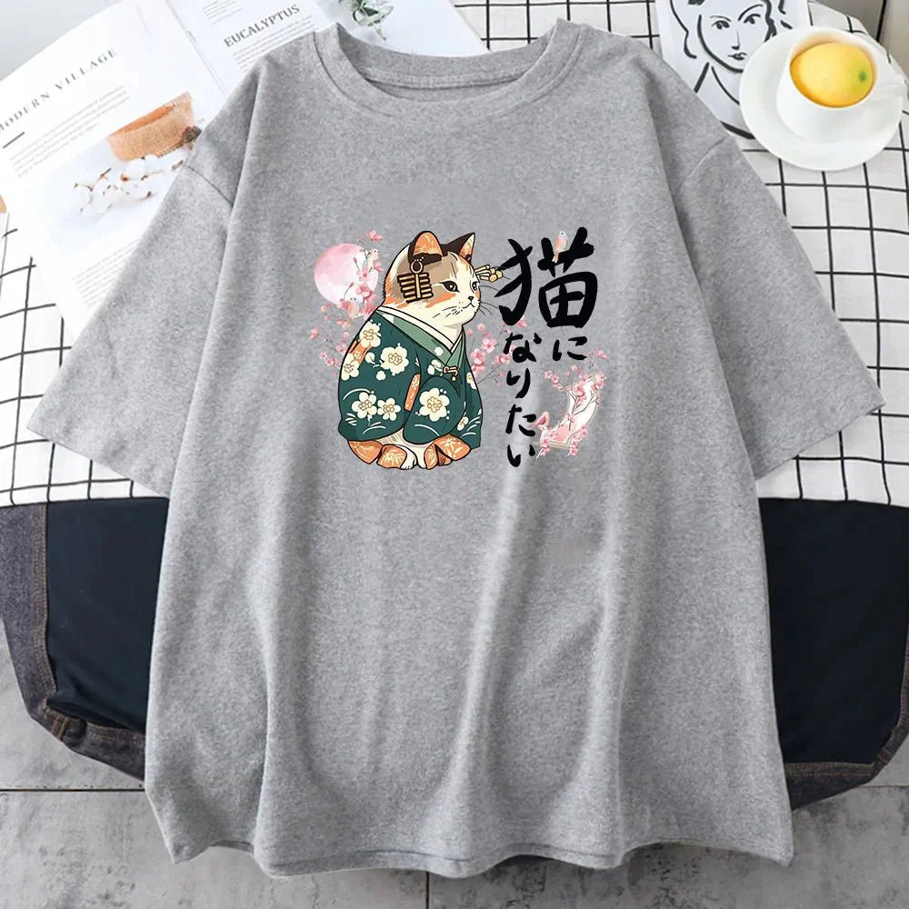 Japanese Kimono Cat Sakura Kanji Unisex Tee-Enchanted peach