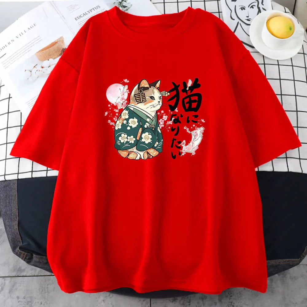 Japanese Kimono Cat Sakura Kanji Unisex Tee-Enchanted peach