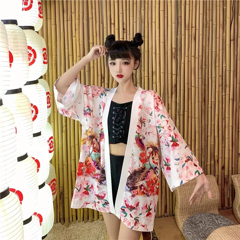 Japanese Lady Sakura Women Kimono Robe Cardigan-Enchanted peach