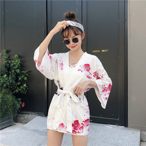 Japanese Lady with Tsubaki Flowers Kimono-Enchanted peach