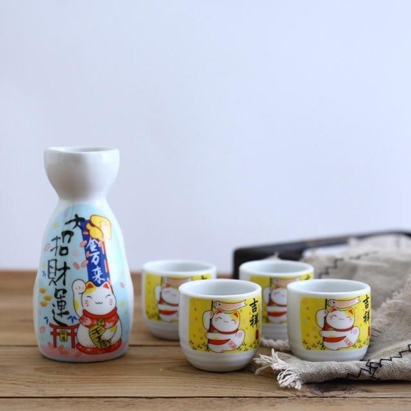 Japanese Lucky Cat Ceramic Sake Set-Enchanted peach