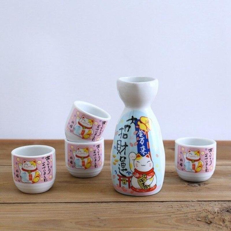 Japanese Lucky Cat Ceramic Sake Set-Enchanted peach