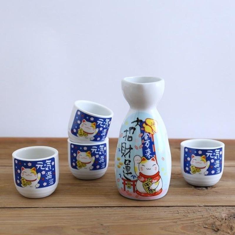 Japanese Lucky Cat Ceramic Sake Set-Enchanted peach