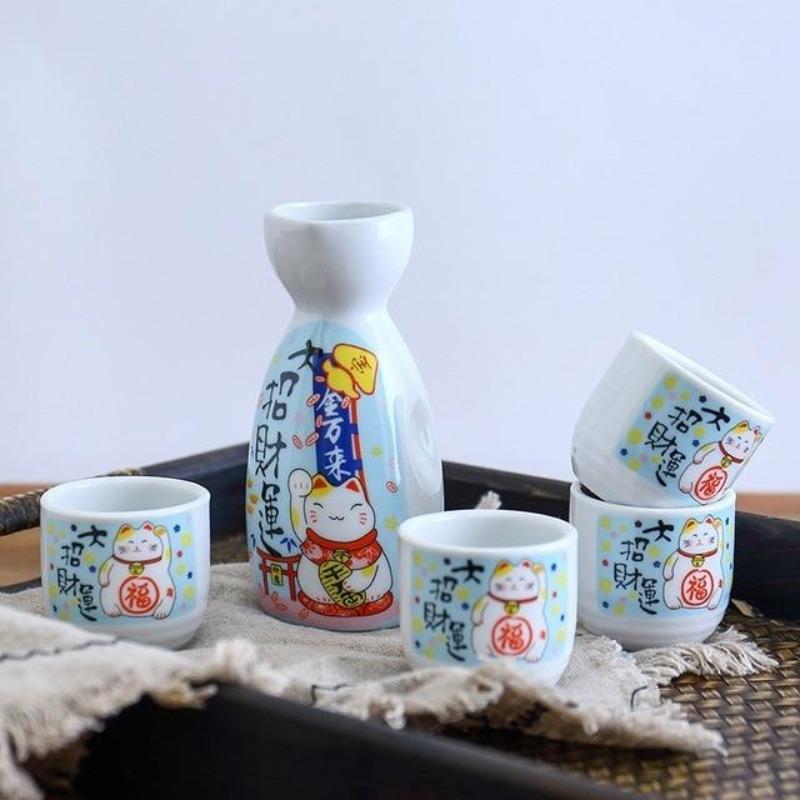 Japanese Lucky Cat Ceramic Sake Set-Enchanted peach