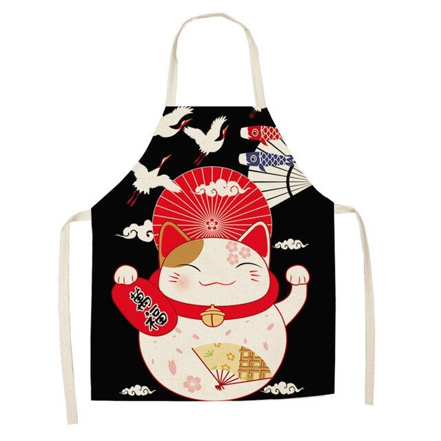 Japanese Lucky Cat Cotton Apron-Enchanted peach