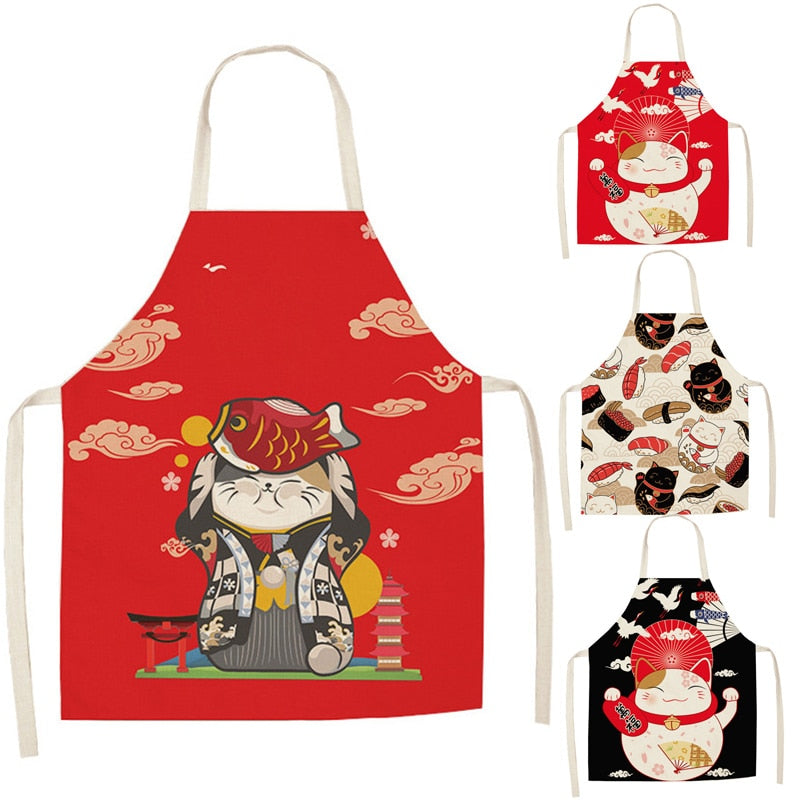 Japanese Lucky Cat Cotton Apron-Enchanted peach