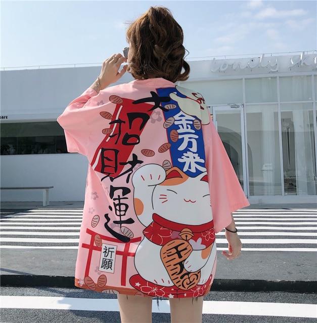 Japanese Lucky Cat Lightweight Kimono Top-Enchanted peach