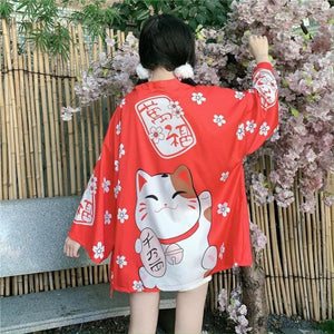 Japanese Lucky Cat Lightweight Kimono Top-Enchanted peach